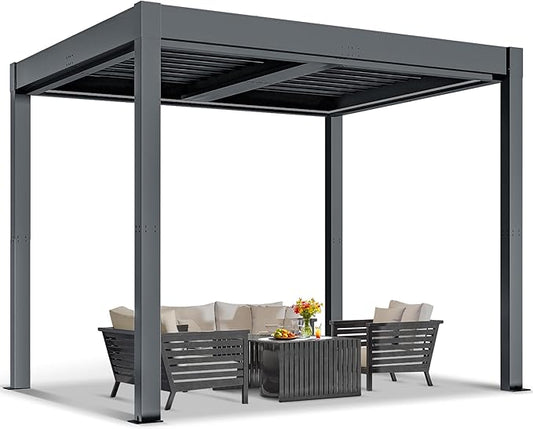Greesum 10x10FT Outdoor Aluminum Pergola, Electric Adjustable Louvered Pergola with LED Lights and Gutter System