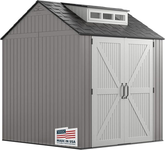 Rubbermaid Resin Outdoor Storage Shed With Floor (7 x 7 Ft) Weather Resistant Gray Organization