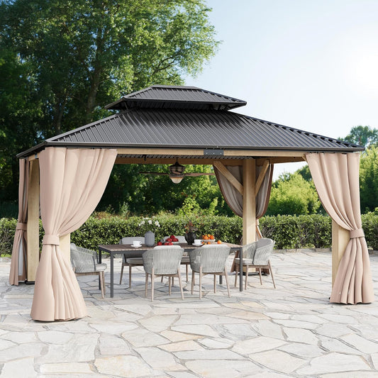 13‘x15’ Outdoor Wood Gazebo, Wooden Pavilion with Double Galvanized Steel Roof